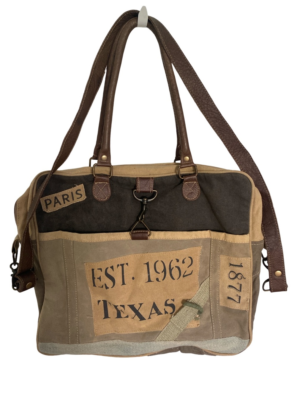 Myra Bag Vntage Brown and Tan Canvas Duffel with Leather Straps